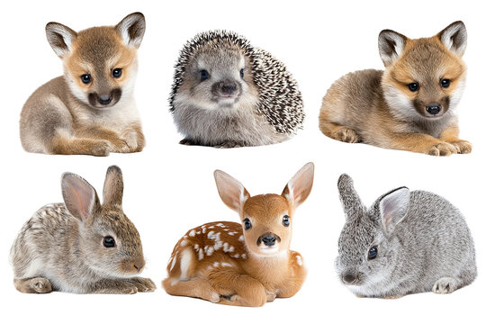 Woodland baby animal collection isolated on transparent background, cute forest wildlife PNG cutout set