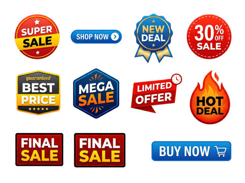 Sale badges and e-commerce buttons. Promotional stickers for retail marketing campaigns.
