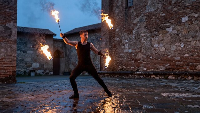 A skilled male performer juggling flaming torches with precision and flair, set against the backdrop of an ancient stone courtyard during twilight. Sparks fly as he showcases his dangerous artistry.