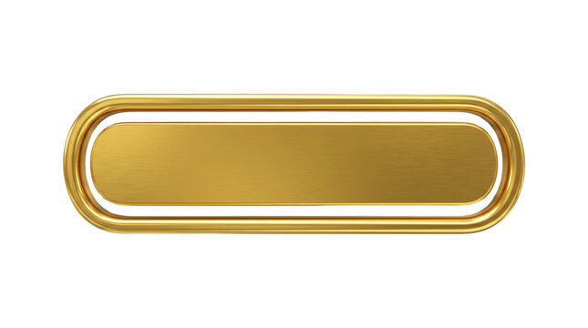 Golden metallic pill shape button, luxury 3D gold plaque on white background, elegant blank brass nameplate for premium branding
