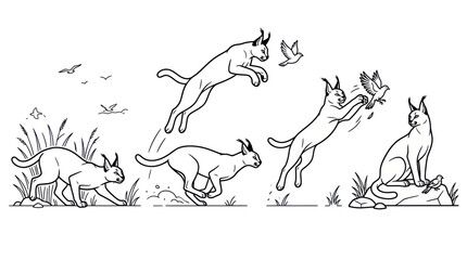 Wild cats hunting birds in grassland line art drawing © Leo
