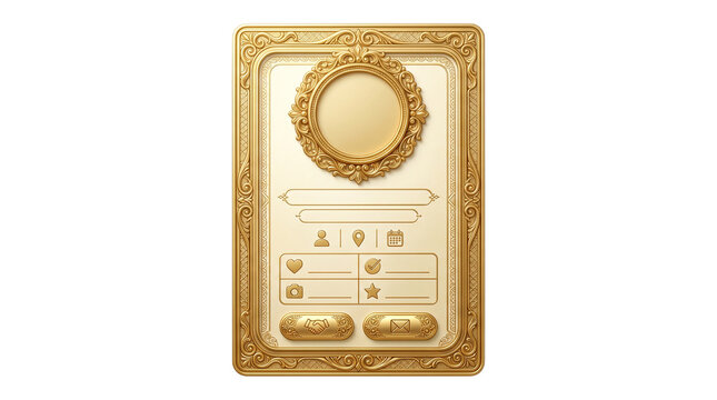 Vintage golden game UI card, ornate fantasy character profile interface, luxury gold frame with decorative filigree and icons