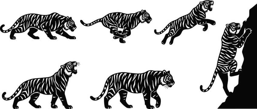 Black tiger silhouette illustrations showing walking, running, leaping, roaring, and climbing animal poses
