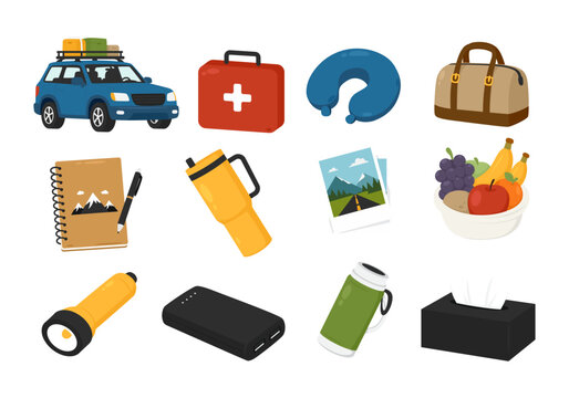Travel Essentials Icon Set with Car First Aid Kit Luggage Neck Pillow Notebook Water Bottle Flashlight Power Bank and Accessories