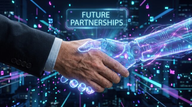 Human hand shaking robot hand. AI and human collaboration for future business partnerships.