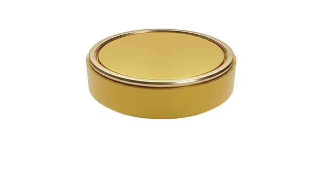 Metallic gold button cell battery isolated on white. Round lithium coin cell for electronics. Small circular power source for watches.