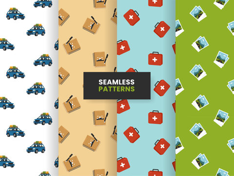 Travel Seamless Pattern Set with Adventure Car First Aid Kit Travel Journal and Photo Print Backgrounds