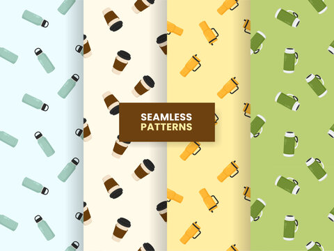 Travel Drinkware Seamless Pattern Set with Water Bottles Coffee Cups Travel Mugs and Thermos Backgrounds