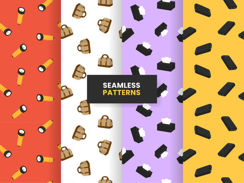 Travel Essentials Seamless Pattern Set with Flashlight Travel Bag Tissue Box and Power Bank Backgrounds