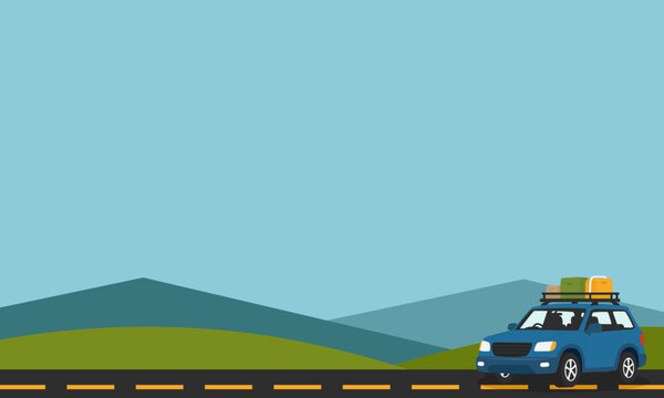 Road Trip Travel Background with SUV Car on Highway and Mountain Landscape Copy Space