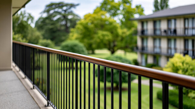 Hotel balcony showcasing a modern black metal and wood railing. Overlooking a serene green landscape with mature trees. A manicured lawn. And a distant building