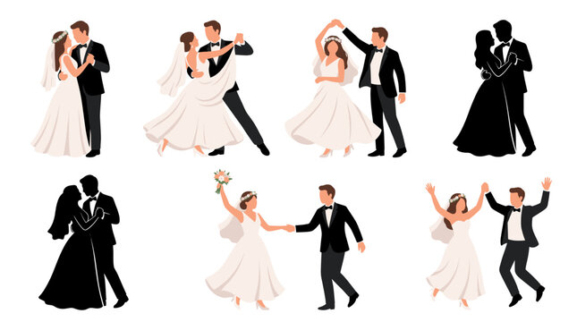 Set of vector collection featuring different bride and groom dancing poses, romantic first wedding dance, elegant ballroom dance, bride twirling under groom's arm, newlywed couple slow dancing