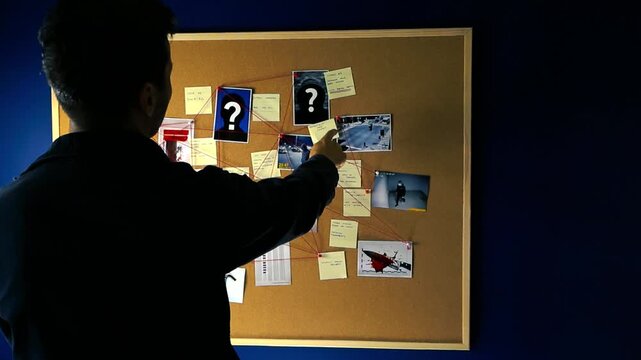 Male police detective or a private investigator looking for evidence on a crime board with pictures and sticky notes connected by red thread, following the connections with his finger