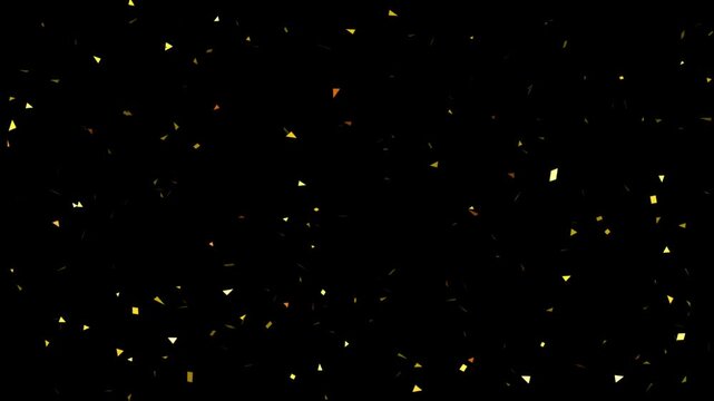 Falling yellow confetti particles isolated on black background gold party