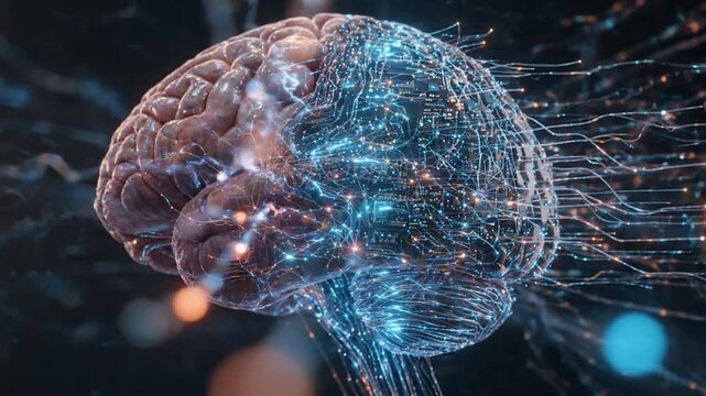 A futuristic digital brain visualization with glowing neural connections represents artificial intelligence, machine learning, and advanced neural network technology.