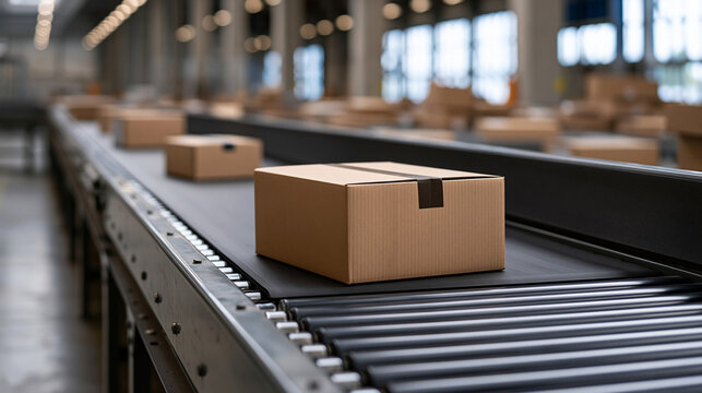 Cardboard boxes moving along a conveyor belt system in a modern automated logistics warehouse, distributing goods for e commerce shipping and supply chain management, copy space