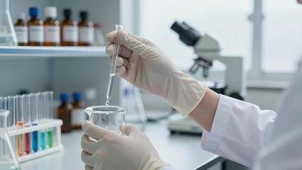 Fototapeta premium Close-up of a gloved scientist carefully dropping liquid from a pipette into a beaker in a modern lab setting with equipment visible.