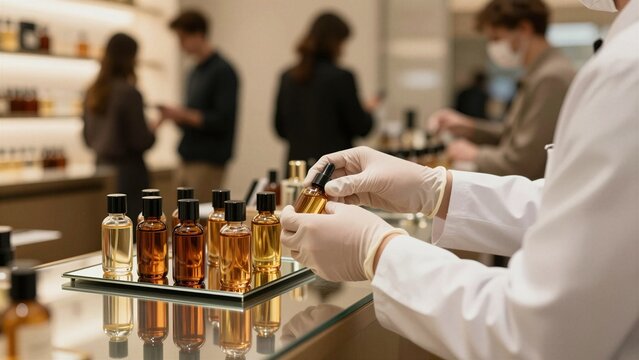 A skilled perfumer in a white lab coat and gloves carefully arranges amber glass fragrance bottles on a reflective surface, showcasing craftsmanship in scent creation.