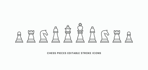 Chess pieces minimal linear icons set. Collections of chess pieces in simple line style. Editable stroke vector illustration © Royan