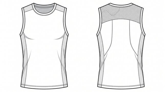 Men's Athletic Mesh Tank Top Technical Drawing Flat Sketch Front and Back View