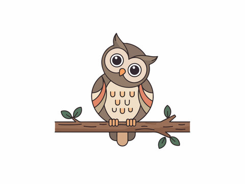 Flat vector owl tilting its head while sitting on a wooden branch, large round eyes, clean minimal design, balanced proportions, smooth curves, isolated white background, editable vector, organized la