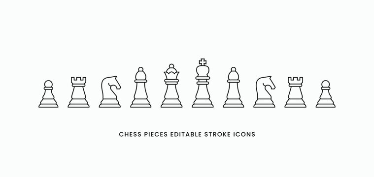 Chess pieces minimal linear icons set. Collections of chess pieces in simple line style. Editable stroke vector illustration