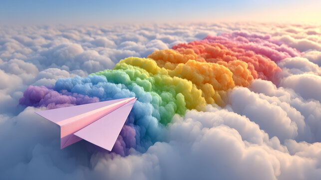 This is a surreal digital illustration showing a light purple paper plane gliding above a sea of ​​fluffy white clouds, trailing a continuous rainbow-hued cloud streak, set against a soft warm dawn 