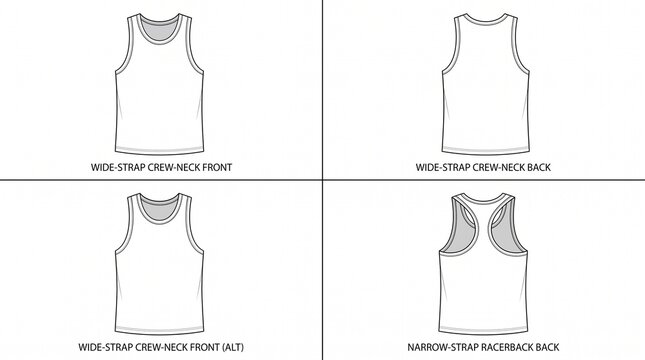 Tank Top Technical Flat Sketches Wide Strap Crew Neck and Racerback Vector Template