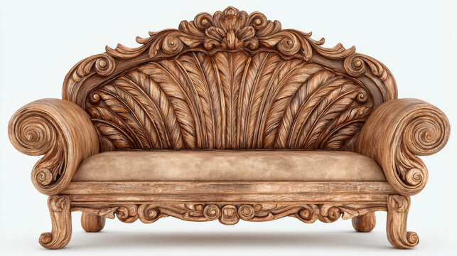 This is a close-up shot of a vintage carved wooden loveseat, with elaborate floral and leaf-style relief carvings on the solid wood frame, scroll-shaped curved armrests