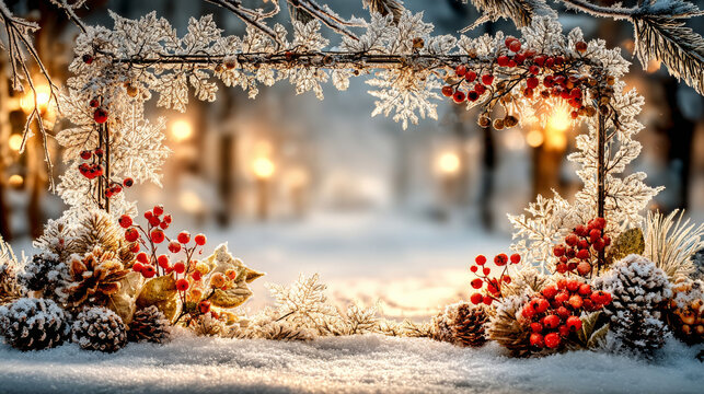 This is a warm festive winter scene shot, showing a snow-dusted decorative frame made of frost-covered branches, dotted with red winter berries, pinecones, golden pine ornaments