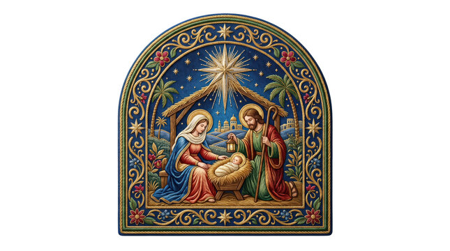 Nativity scene in stained glass style. Christmas religious art depicting the holy family.