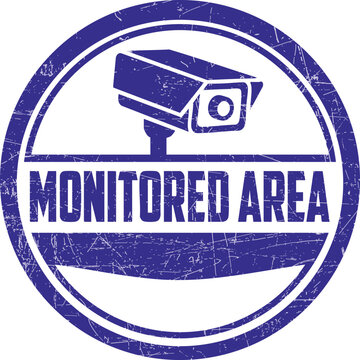 Monitored area round stamp with security camera on white surveillance