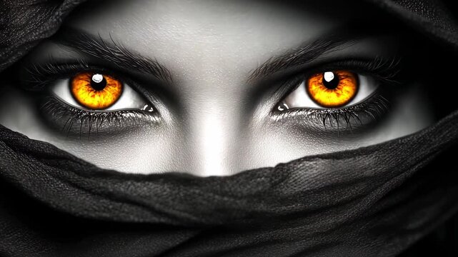 A close up view shows a woman with orange eyes wrapped in black fabric, creating a sense of intrigue and focus