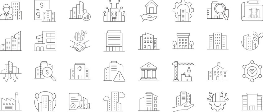 Set of thin line icons for real estate, construction, and smart building technology, editable stroke, vector illustration 