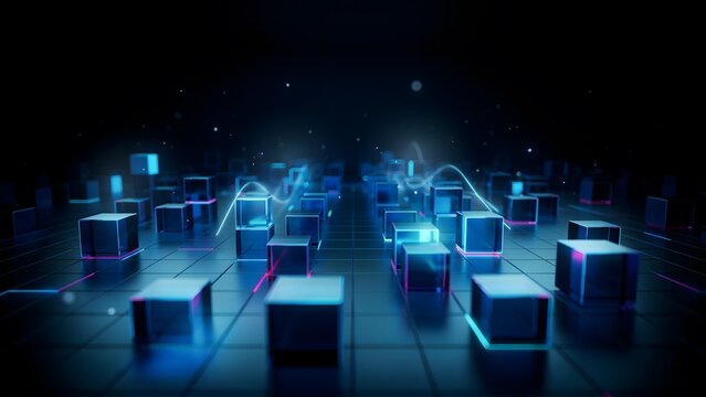 Abstract digital landscape with glowing blue cubes and data flow lines on a dark grid background, representing technology, big data, and connectivity