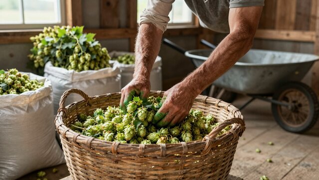 A close-up of a farmer's hands filled with green stains, carefully sorting freshly harvested hops into a rustic wicker basket inside a wooden barn.