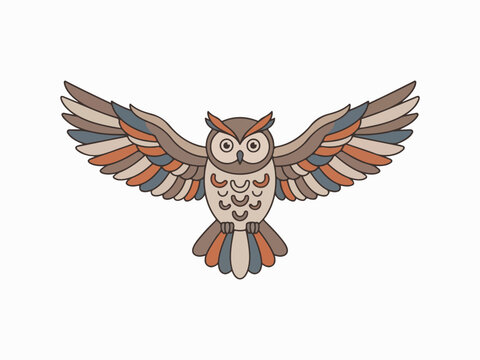 Minimal flat vector of an owl flying with wings fully spread, balanced symmetrical pose, smooth curved feather details, clean outline, isolated object, white background, editable vector paths,