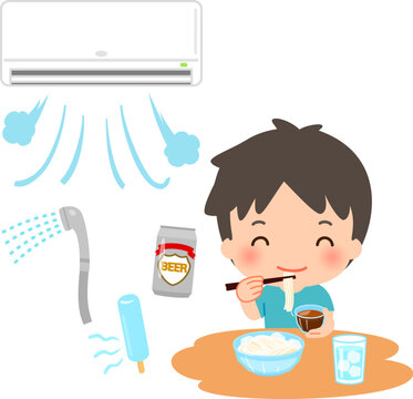 冷房や冷たい飲食物で体を冷やす若い男性