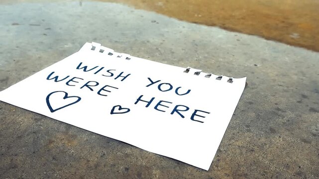 Raindrops falling on a white sheet of paper with a handwritten Wish You Were Here message and hearts, lying on the wet concrete ground during a melancholic, rainy day