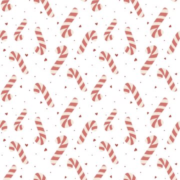 Christmas red candy cane seamless pattern with hearts. Valentine&rsquo;s Day seamless pattern with hearts