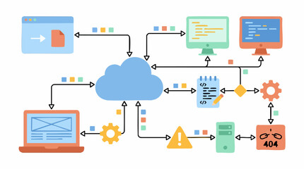 Fototapeta premium Cloud computing network diagram with data flow, development, and error handling