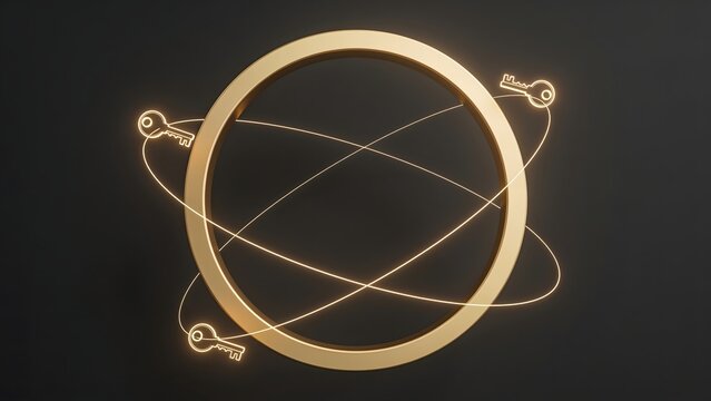 3D graphic illustration of golden keys orbiting a central circle on dark background. Ideal for digital security systems, encryption concepts, access control, and web key management.