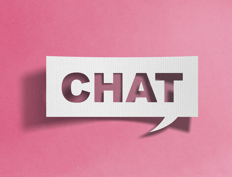 Paper speech bubble with chat text cutout on pink background, online communication concept