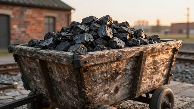 A weathered wooden minecart brimming with dark coal, set against a historic brick building and railway tracks. Evokes fossil fuel's role in energy production.