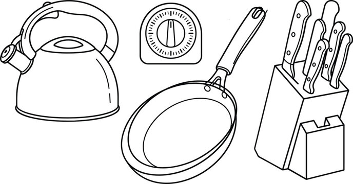 Minimalist Culinary Utensil Line Icon Set Featuring Stovetop Teakettle, Mechanical Egg Timer, Frying Pan, and Wooden Knife Block for Cooking and Kitchenware Graphic Designs
