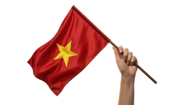 Vietnam flag held by a hand. Waving national banner isolated on a white background.