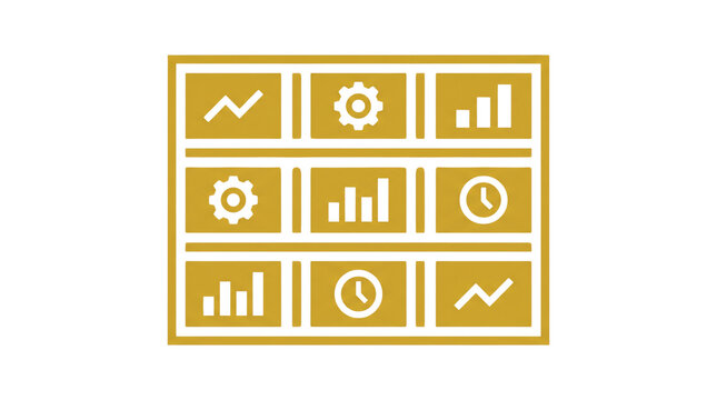 Gold business dashboard icons set, professional data analytics symbols on white background, corporate management and financial growth graphics