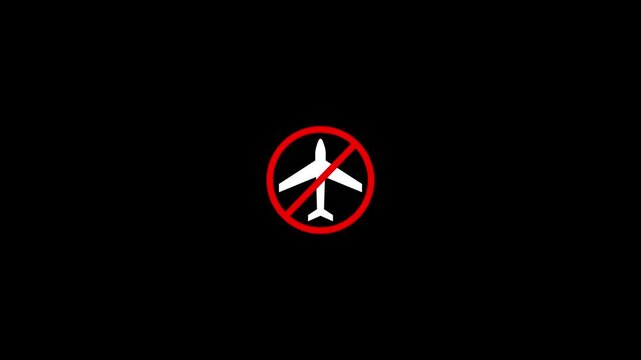 No fly zone symbol animation, airplane prohibited sign on black background, restricted travel ban