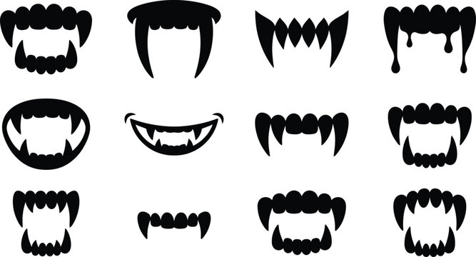Collection of scary vampire fangs and monster teeth silhouettes for creative halloween costume designs and party decorations