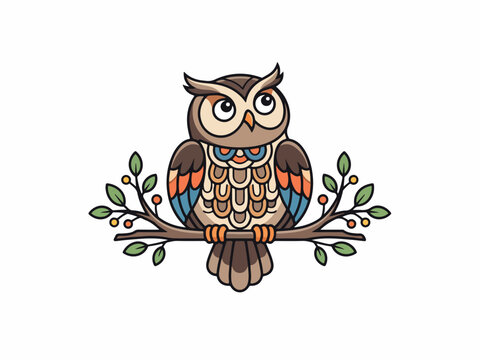 Modern vector owl looking upward while perched on a branch, symmetrical body, clean feather pattern, bold outline, flat colors, isolated on white background, organized vector layers, no overlapping pa
